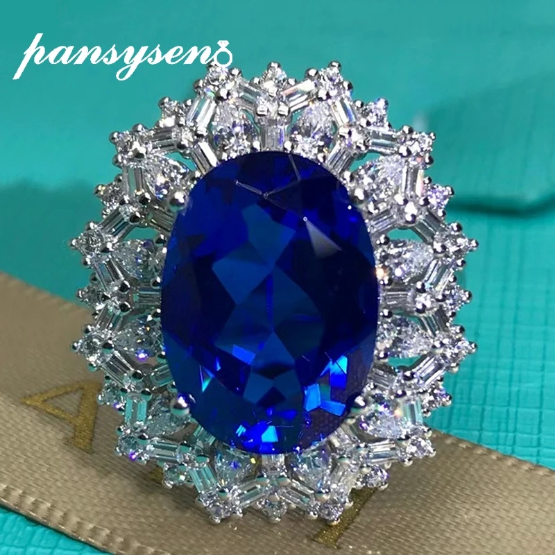 

PANSYSEN Luxury 925 Sterling Silver 10x14MM 8CT Oval Blue High Carbon Diamond Wedding Cocktail Ring Fine Jewelry Gift Wholesale