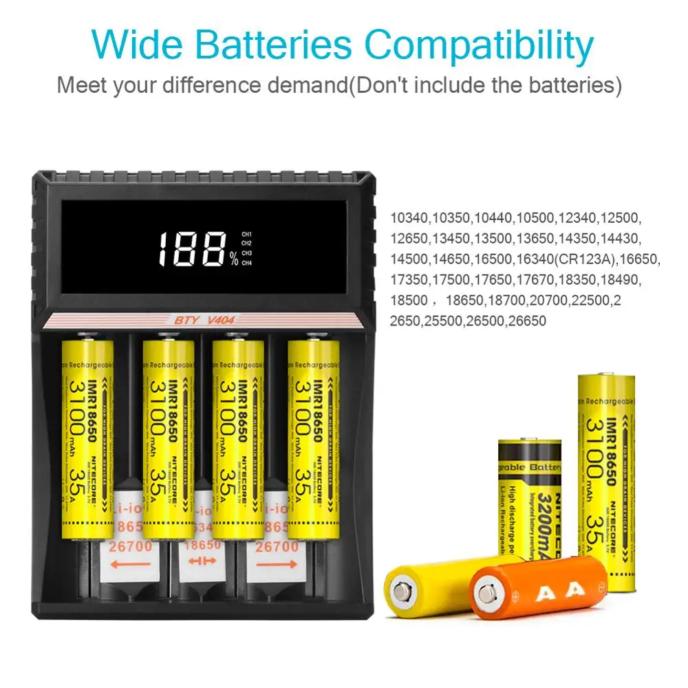 BTY-V404 4 лота смарт-зарядное устройство для Li-ion/IMR/INR/ICR/LiFePO4 10340 26500 26650 CR143 4,2 литиевая батарея зарядное устройство 18650