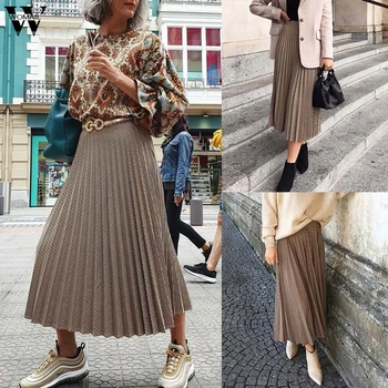 

Womail Women Skirt Elegant Midi Pleated Skirt 2020 Plaid Print High Waist School Long Skirt Pleated Skirt Faldas Mujer Party P