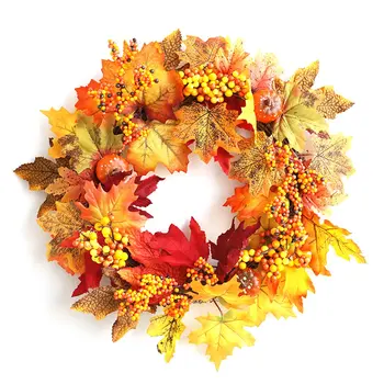 

Halloween Wreath Autumn Fall Maple Leaves Garlands Artificial Berry Pumpkin Decoration Hanging Wall Party Decoration
