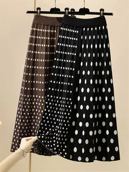 

Polka Dot Knitted Skirt Autumn Winter Women's Clothes 2020 A-line High Waist Sweater Skirt Fashion Pactwork Elegant Saia K1222