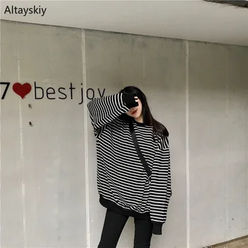 

Hoodies Women O-Neck Striped Loose Simple All-match Korean Style Retro Pullovers Womens Soft Trendy Sweatshirts Chic Classic