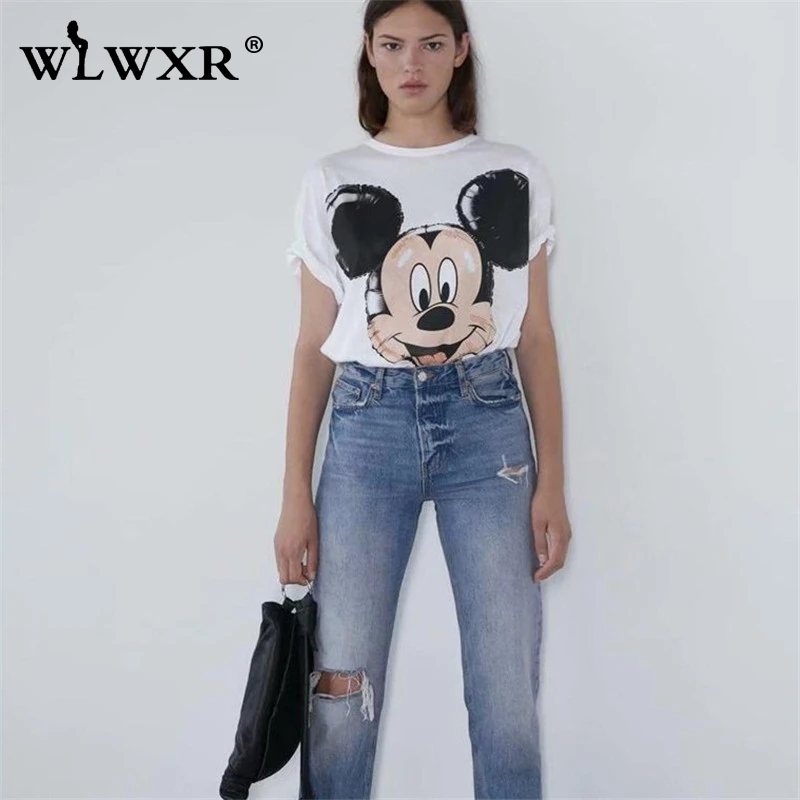 WLWXR Повседневная футболка с принтом мыши, женская летняя белая футболка с круглым вырезом, женские топы, женские модные свободные футболки