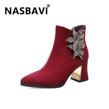 

Fashion Solid Color Zipper Boots Womens Fashion Square heel Basic Casual Beautiful flower rhinestone decoration ankle Boots