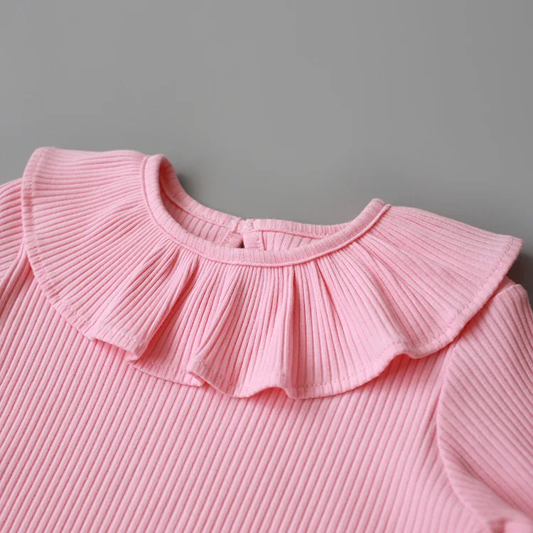 2019 Весенняя детская футболка футболки для девочек блузки в рубчик с оборками на