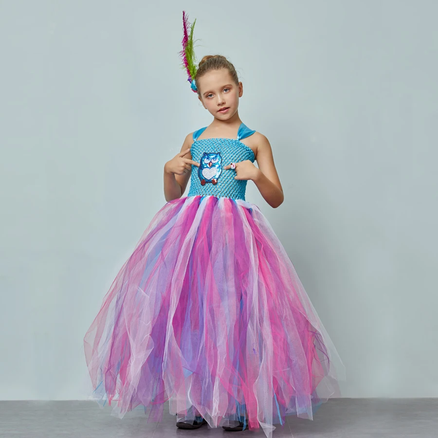 Fluffy Girls Blue Owl Gown Tutu Dress With Feather Hair Clip Children Birthday Party Pageant Animal Costume Kids Photo Dress (1)