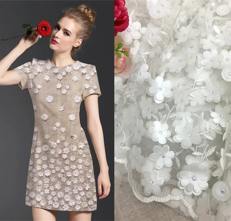 GLace 1 м/лот Выкл Белый 3D ногтей бисера цветок вышивка сетка ткань для свадебного платья украшения Женская ткань аксессуары TX1350