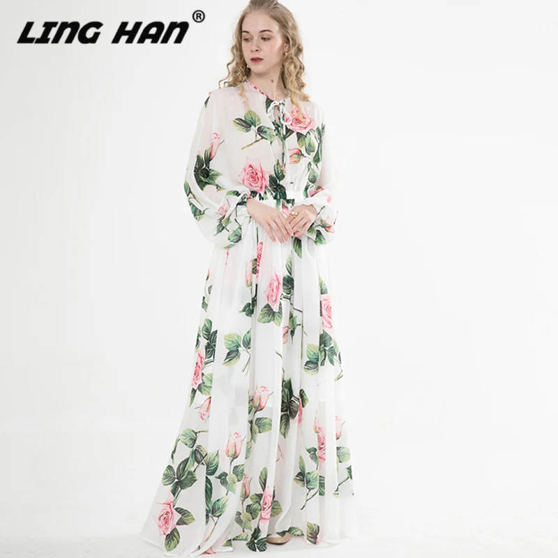 Linghan Mode Steeg Chiffon Maxi Jurk Vrouwen Elegante Bladerdeeg Mouw Grote Swing Party Jurken Designer Lente Zomer Nieuwe Linghan Mode Steeg Chiffon Maxi Jurk Vrouwen Elegante Bladerdeeg Mouw Grote Swing Party Jurken Designer Lente Zomer Nieuwe
