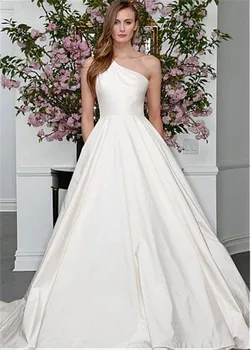 

One Shoulder Satin A-Line Wedding Dresses Sleeveless Zipper Back Bridal Gowns Custom Sleeveless Formal Bride Gowns