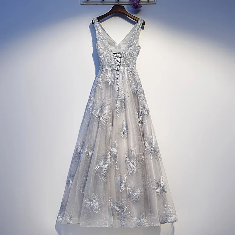 Embroidery Flower Luxury Host Evening Party Dress V-neck Sexy Qipao Robe De Soiree Spaghetti Strap Mesh Dress Cheongsam