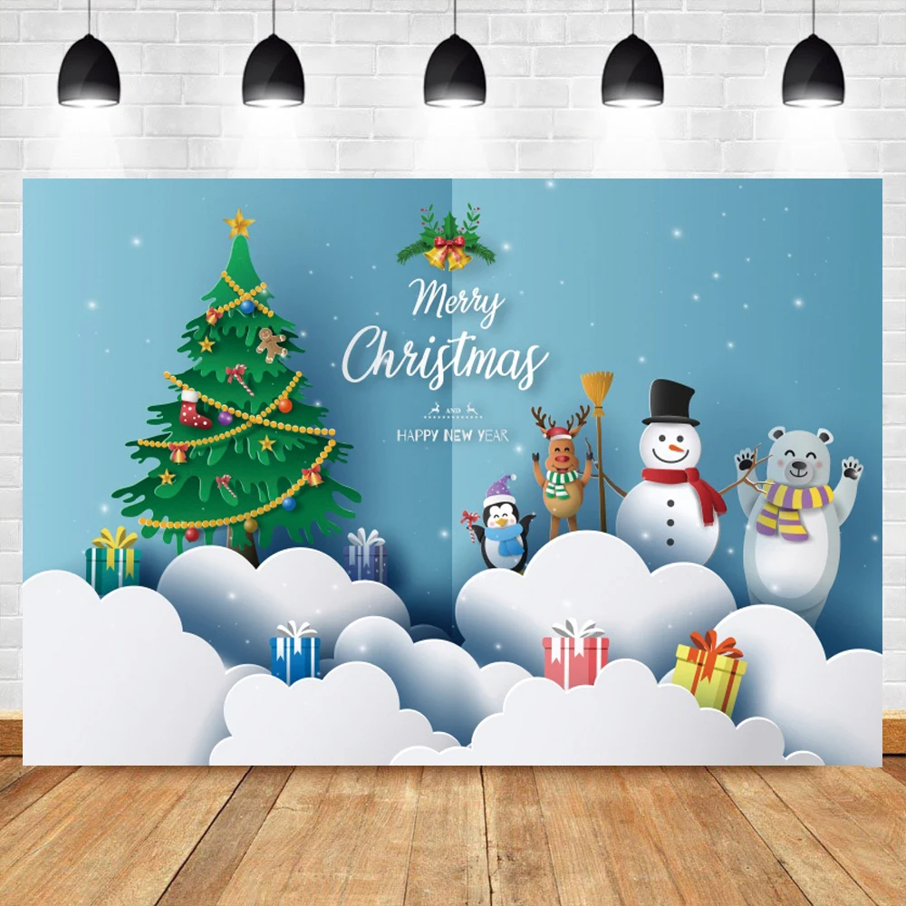 Рождественский голубой фон для декора фото белые облака Снеговик Пингвин