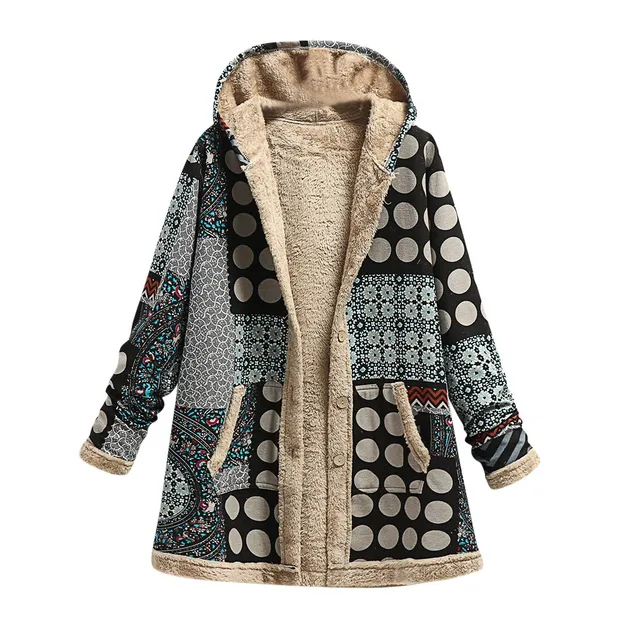 Winter Vintage Women Coat Warm Printing Thick Fleece Hooded Long Loose Jacket with Pockets For Ladies