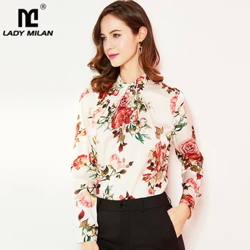 

Lady Milan 100% Natural Silk Women's Runway Shirts O Neck Long Sleeves Floral Printed Ruched Fashion Casual Blouse