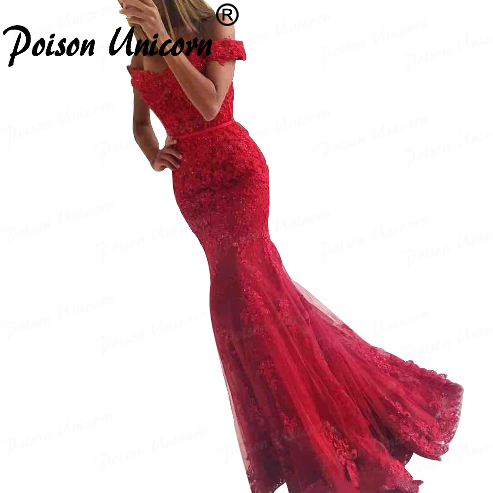 

Off The Shoulder Mermaid Long Prom Dresses Tulle Appliques Sequined Formal Evening Gowns Custom Made vestidos de fiesta