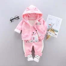 Милая Одежда для маленьких девочек с рисунком кота, зимний Бархатный комплект из 3 предметов с длинными рукавами, куртка+ топ+ штаны, комплект детской одежды, спортивные костюмы для девочек