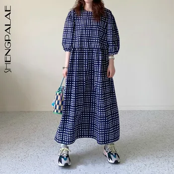 

SHENGPALAE 2020 New Summer Women Vintage Plaid Loose High Waist Slim Was Thin Elegant Short Sleeve Maxi Dress ZA4771