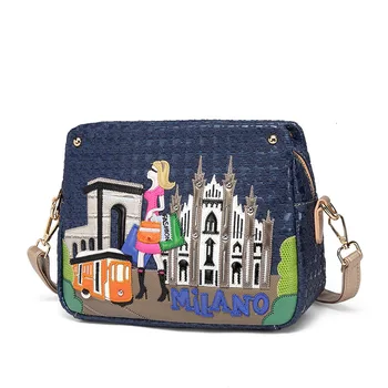 

Women Pu Leather Patchwork Embroidery Schoolbag Travel Bag Totes Shoulder Bag Italian Style Design Art Cartoon