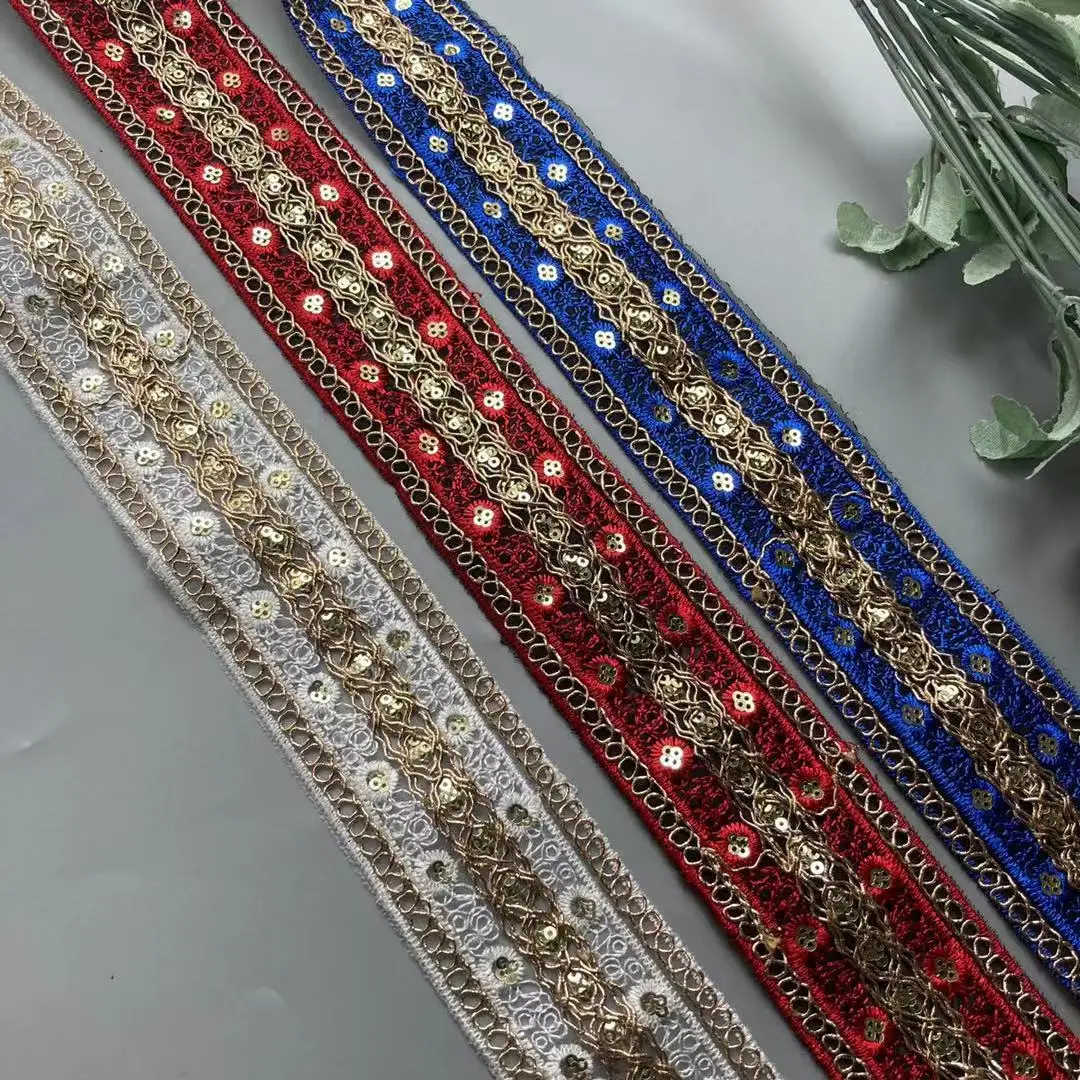 

2 Yards White Blue 50mm Ethnic Gold Thread Sequins Webbing Ribbon Tape Shoes Dress Embroidered Lace Trims DIY Sewing Accessorie