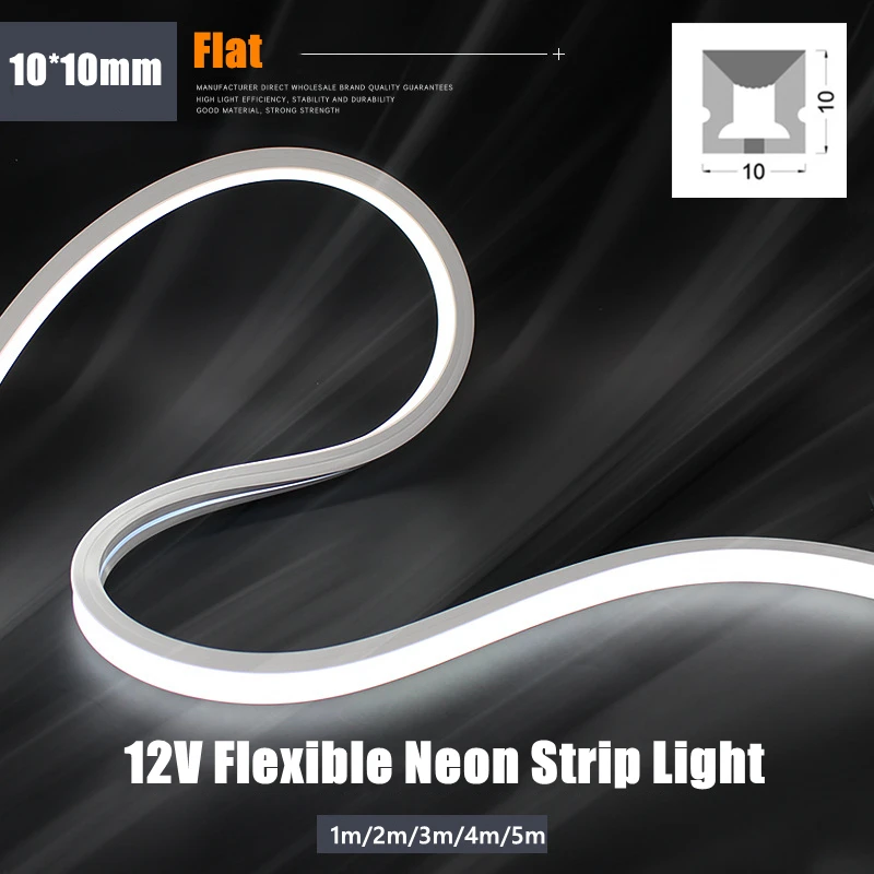 10mm LED Flexible Neon Strip Light DC 12V SMD 2835 120LEDs/m Outdoor Waterproof Sign Rope Flat Soft Silicone Tube Lamp Decor