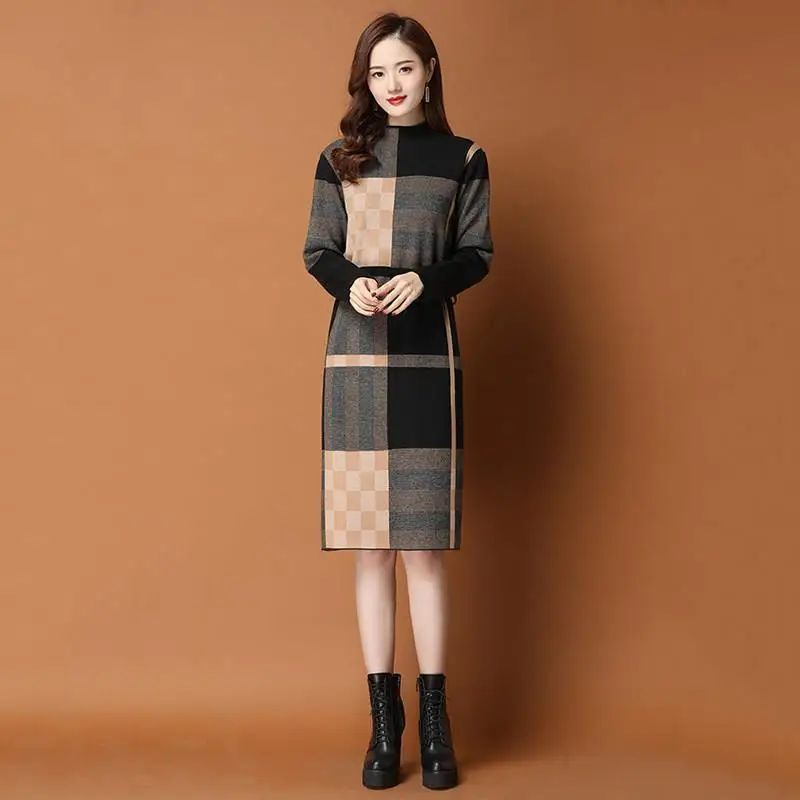 

Dress For Women Autumn 2023 New Casual Knitting Sweater Plaid Patchwork Turtleneck Pullover Bottom Knee-Length Female Vestidos