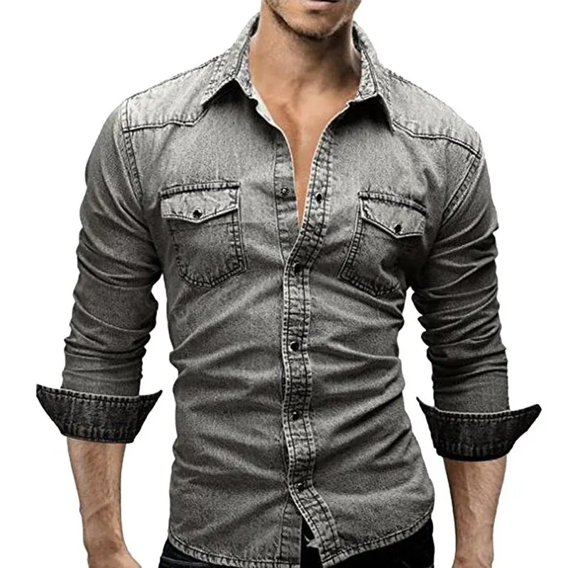 Мото мужские джинсовые рубашки осенние с длинным рукавом джинсовые рубашки повседневные узкие джинсы Chemise Homme мужские рубашки одежда размера плюс 3XL - Цвет: Light Gray