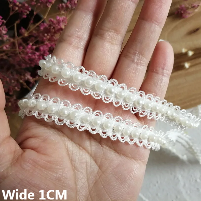 Lace Accessories 1CM Wide Polyester Glitter Pearls Braided Webbing Beaded Fringe Lace Edging Trim Wedding Dress Headwear DIY Sewing Decor
