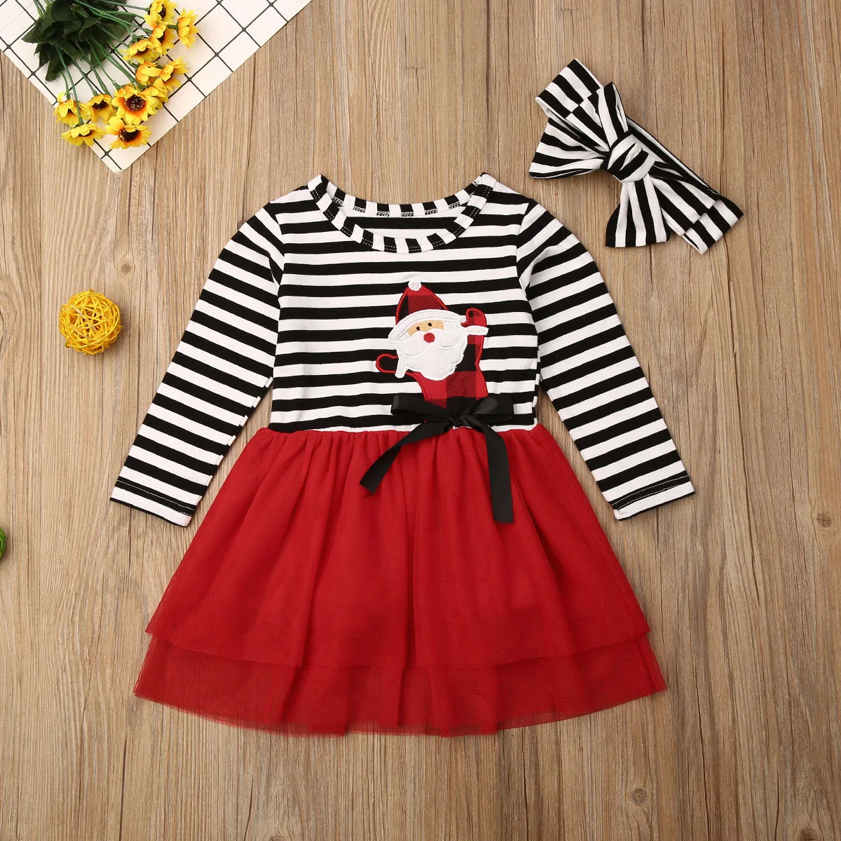 Xmas Toddler Girl Striped Princess Long sleeve Dress Kid Christmas Santa Clothes 