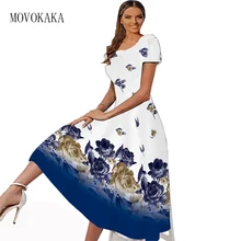MOVOKAKA-Vestidos estampados de flores en 3D para mujer, Vestidos elegantes ajustados de manga corta con cuello cuadrado, Vestidos largos de playa para primavera y verano