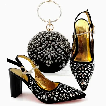 

High Class Balck Spring/Autumn Lady Pointed Toe Shoes And Evening Handbag Set With Stones MD012 Heel Height 9CM