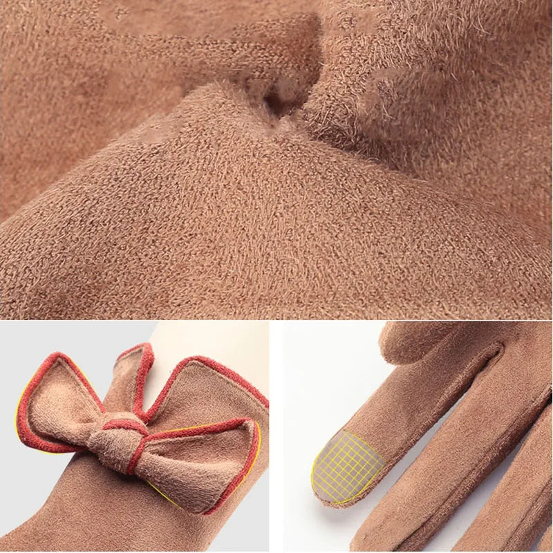 HECATAL Women Ski Gloves Windstopper Leisure Mittens Women Suede Touch Screen Gloves Autumn And Winter Outdoor Bow Elegant Warm