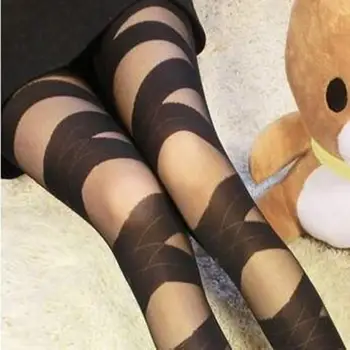 

Fashion Women Vintage Stretch Tights Black Pantyhose Lady Sexy Ripped Pantyhose Stripe Hollow Elasticity Lolita Mock Stocking