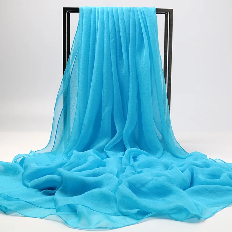 Plus Size 200*150 Cm Womens Solid Color Silk Scarves Long Chiffon Scarf Light Thin Sunscreen Shawl Summer Ladies Beach Scarf - Color: sky blue