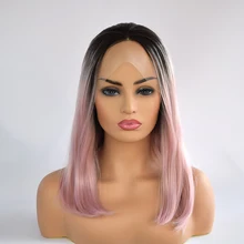 Ручная вязка высокотемпературное волокно Темные корни до Mxied розовый короткий Боб прямые термостойкие синтетические кружева передние парики для вечерние