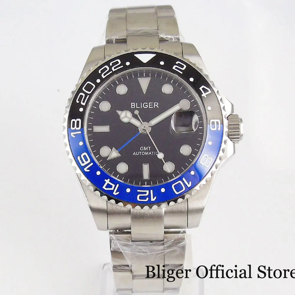 BLIGER GMT механические мужские часы с сапфировым стеклом стальной ремешок