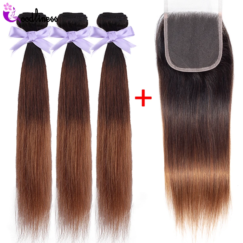 

Goodliness Ombre Brazillian Straight Human Hair Weave Bundles With Closure Remy 1b/4/30 3 Tone Colored 3 Bundles and Closure