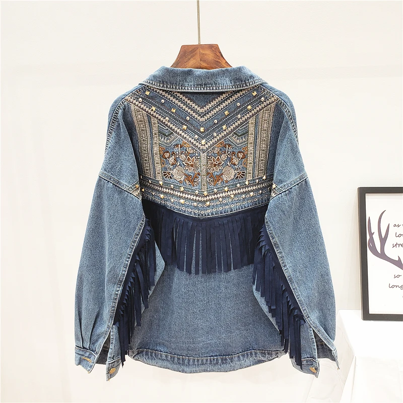 discounted  Denim women jacket new spring vintage floral Embroidery Suede fringe loose coat long sleeve Outerwe