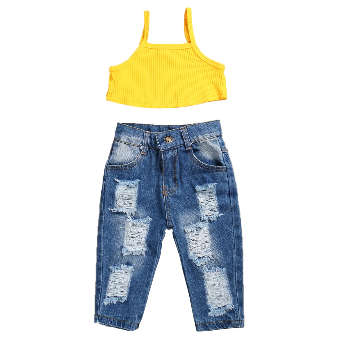 1-5Y Summer Kids Baby Girls Outfit Sets 2Pcs Solid Sleeveless Sling Camis Ribbed Crop Top Ripped Jeans Pants Fashion Girl Sets kids clothing set girls clothing set