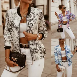 Flor impressão de manga longa jaqueta bomber feminina moda zíper até casacos vintage elegante magro básico senhoras jaquetas