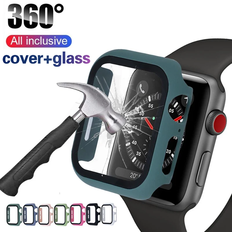360 Full cover for Apple Watch series 5 4 3 2 case 38 40 42 44mm matte Plastic bumper tempered glass iWatch Pine Green band | Мобильные