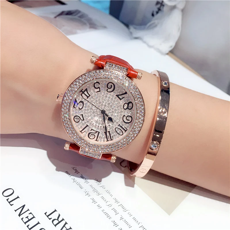 

Vintage Luxury Round Rose Gold Case Leather Watch With Quartz Movement Full Zircon Shiny 41mm Waterproof Watch Women's Watch