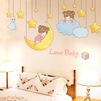 

[shijuekongjian] Cartoon Girls Wall Stickers DIY Stars Moon Coulds Wall Decals for Kids Room Baby Bedroom Nursery Decoration