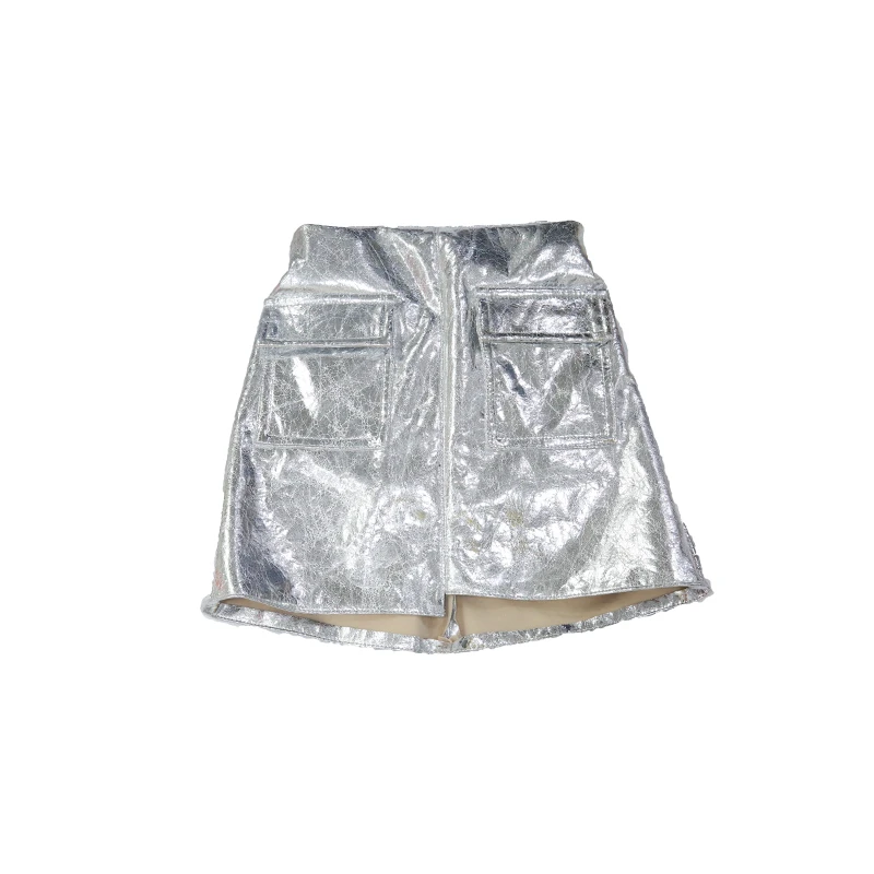 Girls skirt early autumn new bright face laser skirt was thin fashion foreign gas pocket A word skirt