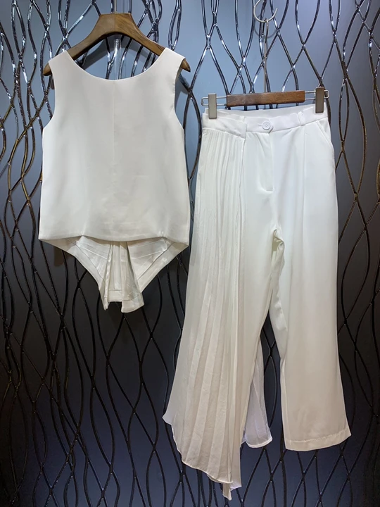 

2019 Early Autumn New Girl's V-collar, back-less sleeveless jacket + pure pleated broad-legged trousers suit 727