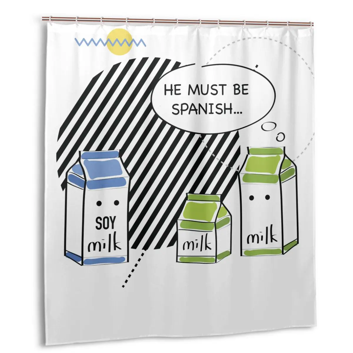 

CHARM HOME He Must Be Spanish Soy Milk Box Plastic Shower Curtain 66x72 In Customized Bathroom Waterproof Polyester