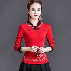 Cheongsam Women Plus Size Tops 2022 Spring Fashion Cotton Blend Embroidery Splicing Long Sleeve Chinese Style Qipao Shirts Woman