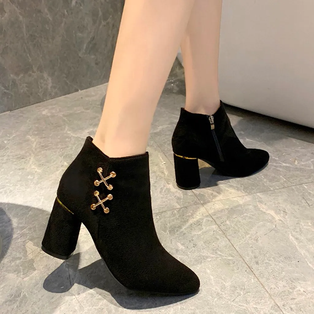 

Basic Ankle Boots For Women Buckle Strap Zip Pointed Ankle Bare Boots Casual Square Heel Short Tube Booties Zapatos De Mujer