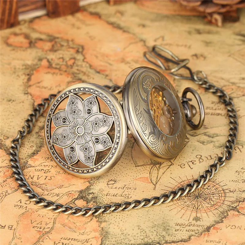 Exquisite Luxury Lotus Flowers Unisex Mechanical Hand Wind Pocket Watch Carving Bronze Skeleton Fob Watches Clock Best Gift Relo