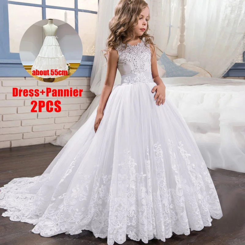 PLBBFZ Summer White Kids Clothes Girls Bridesmaid Dress Children Pageant Party Wedding Princess Evening Formal 10 12 Y Vestidos