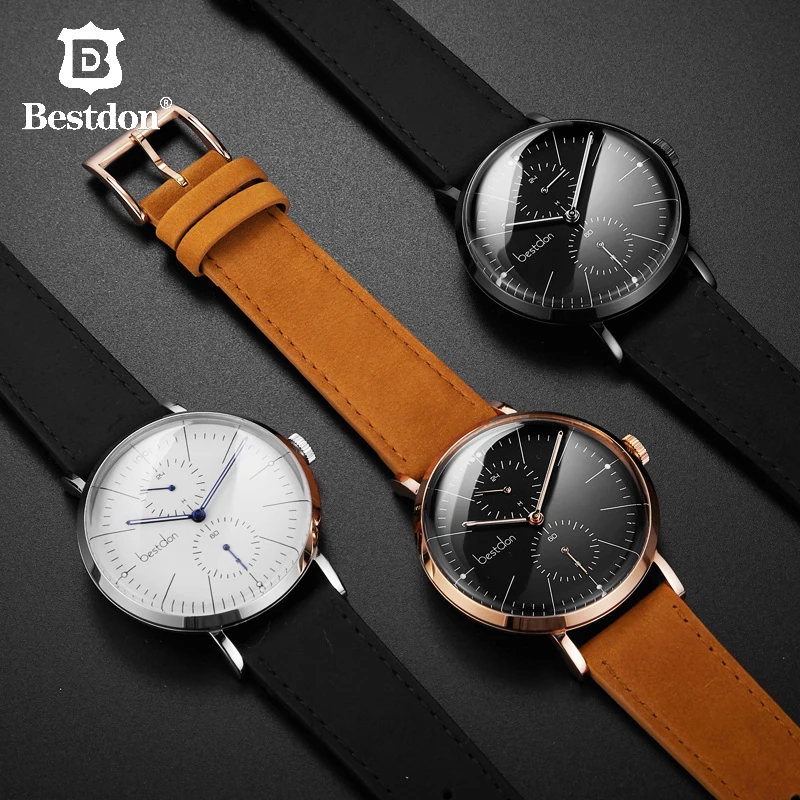 

Bestdon Men's Watch Chronograph Fashion Brand Mens Watches Pilot Large Dial Black Quartz Leather Strap Clock Top Gifts For Men