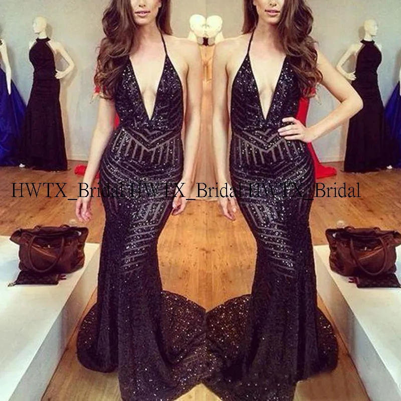 HWTX_Bridal блестящее вечернее платье с блестками Сексуальное Черное длинное вечернее платье с открытой спиной и глубоким v-образным вырезом